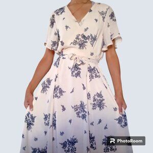 Cream Floral Tie Waist Midi Dress Lined Flowy Summer Tan Beige Flower Lounge XS